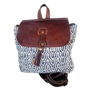 Myra Bag Leffis Boho Upcycled Canvas Leather Flap Tassel Rug Backpack